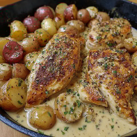 A plate of chicken and potatoes.