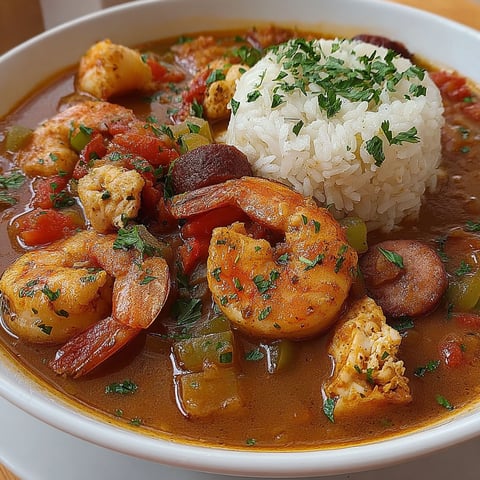 A bowl of shrimp and sausage gumbo.