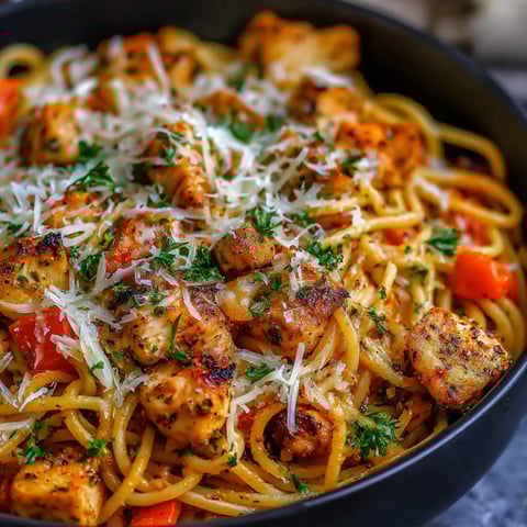 A bowl of spaghetti with chicken and garlic butter.