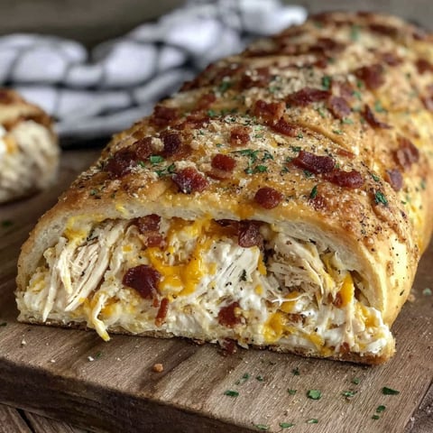 A chicken bacon ranch stromboli on a wooden cutting board.