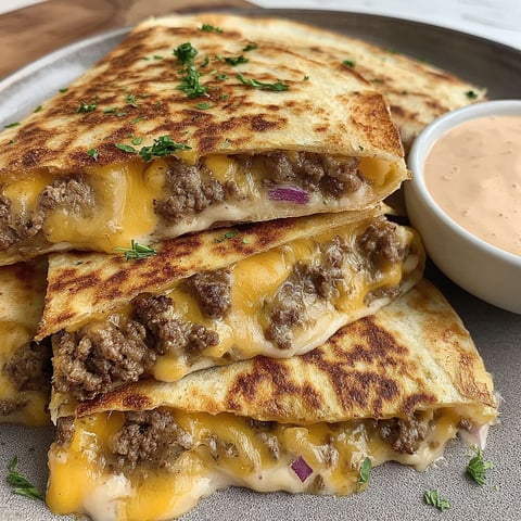 A plate of cheeseburger quesadillas with a bowl of dipping sauce.