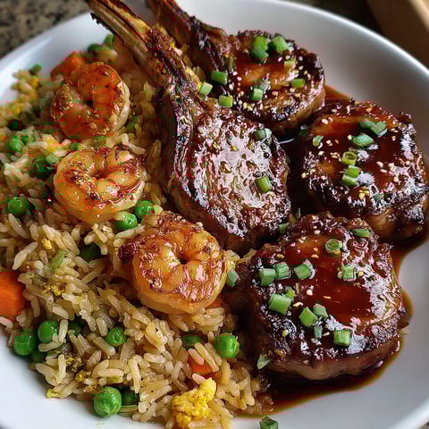 A plate of food with shrimp, rice, and lamb.