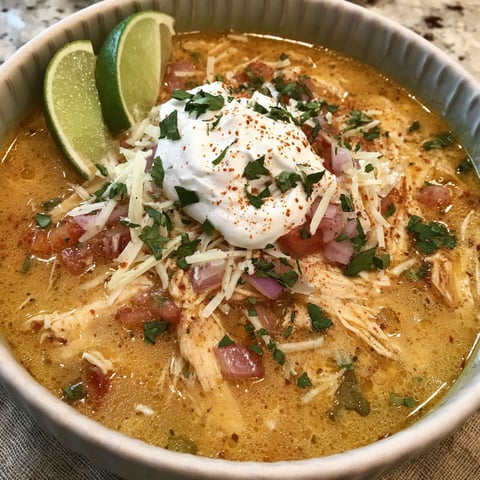 A bowl of chicken tortilla soup with a dollop of sour cream on top.