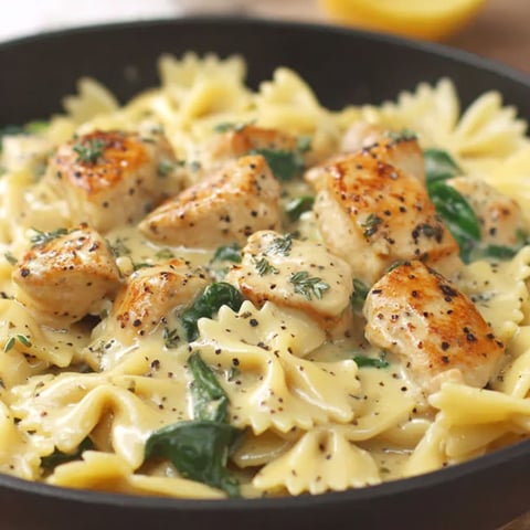 A plate of chicken alfredo with noodles and green vegetables.