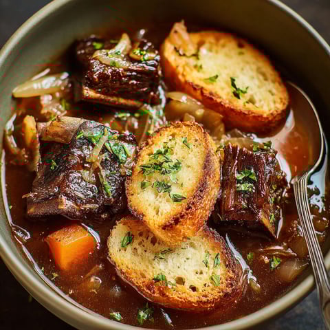 A bowl of hearty French onion short ribs.