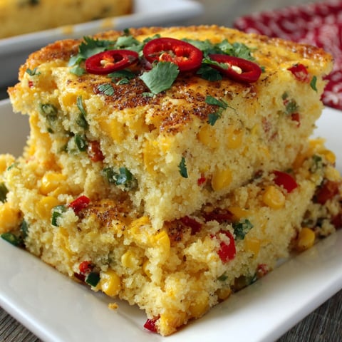 A white plate with a slice of Tex Mex Corn Casserole.