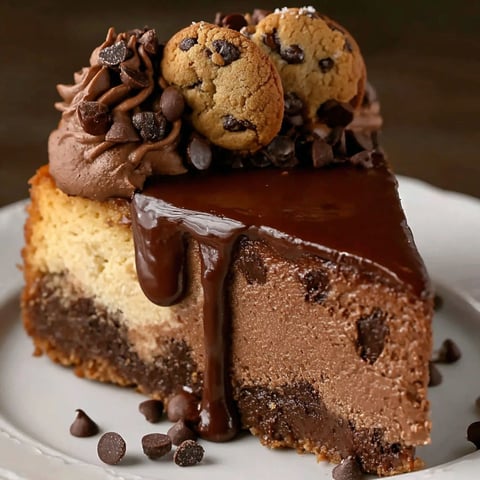 A slice of chocolate cheesecake with chocolate drizzle.