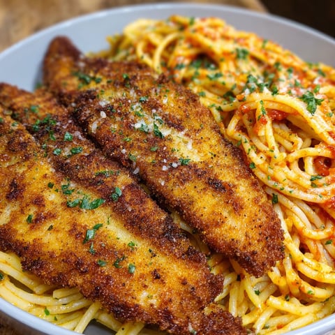 A bowl of spaghetti with fish on top.