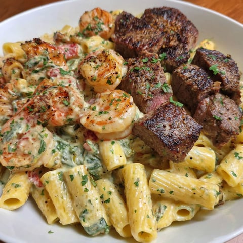 A plate of food with shrimp and meat.