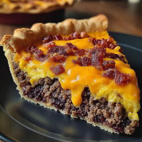 A slice of a bacon cheeseburger pie.