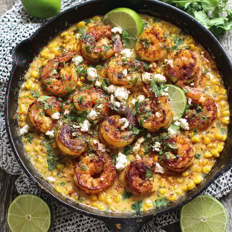 A pan of shrimp and corn.