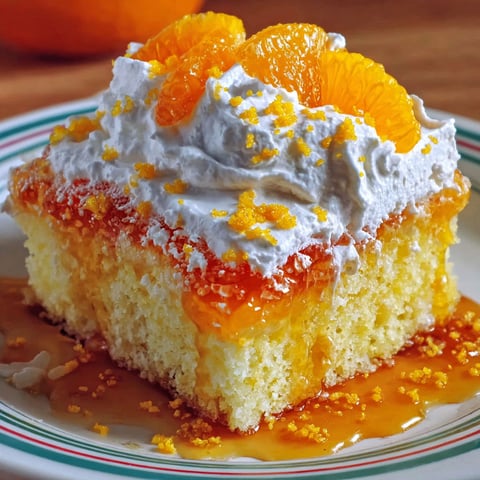 A slice of orange crush poke cake with whipped cream on top.
