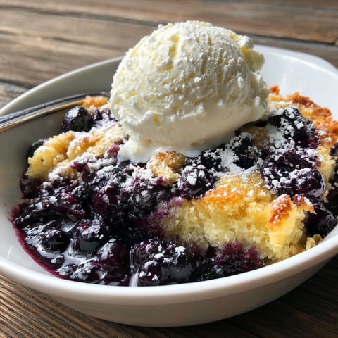 A bowl of blueberry cobbler with a scoop of ice cream on top.