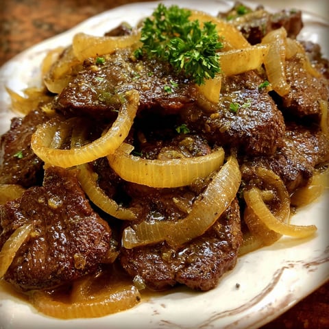 A plate of beef liver with onions.