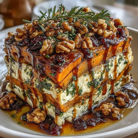 A layered sweet potato lasagna with a drizzle of sauce.