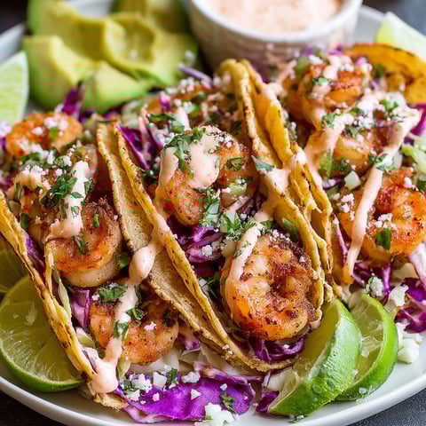 A plate of shrimp tacos with a variety of toppings.