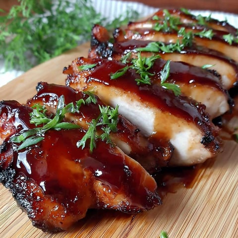Glazed char siu chicken on a wooden cutting board.