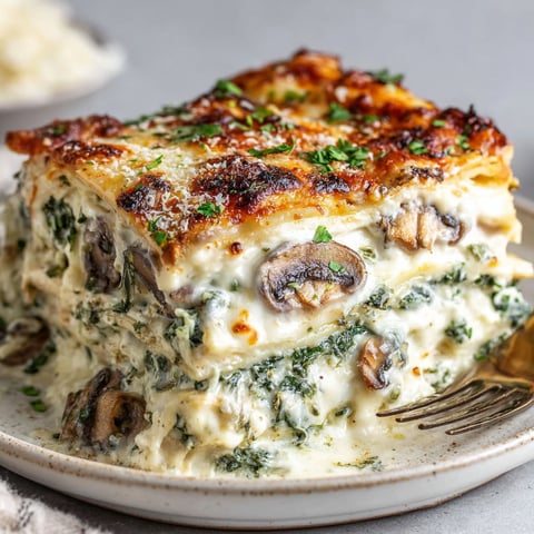 A large piece of spinach mushroom white lasagna.
