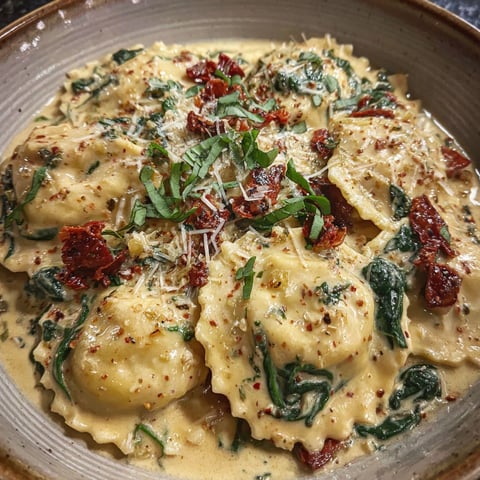A bowl of creamy Tuscan cheese ravioli.