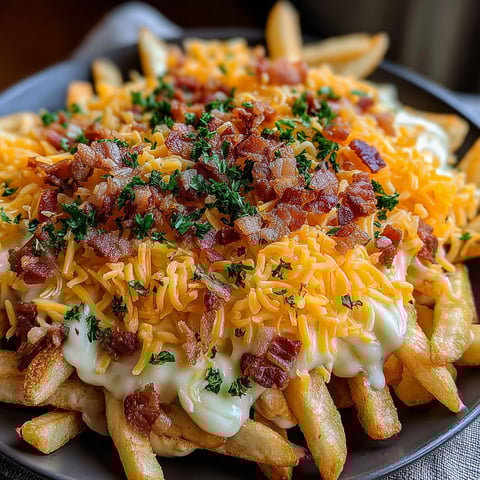 A plate of loaded bacon cheese fries.