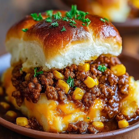 A close up of a delicious Shepherd's Pie Sloppy Joes.