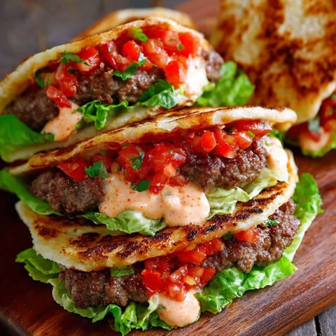 A quesadilla burger melt with tomatoes and lettuce.