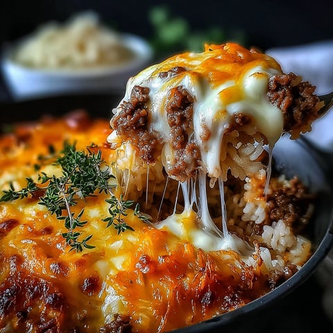 A fork is in a bowl of French Onion Beef Rice Bake.
