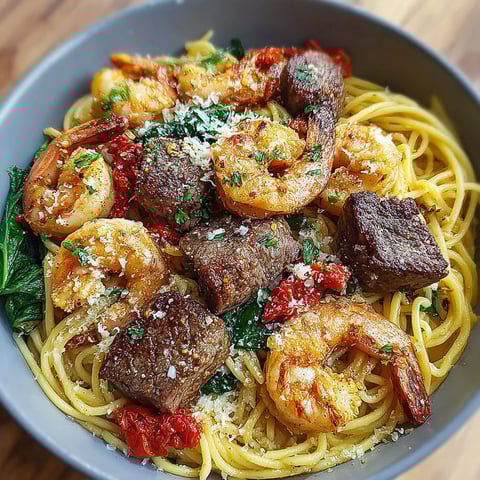 A bowl of garlic butter steak and shrimp.
