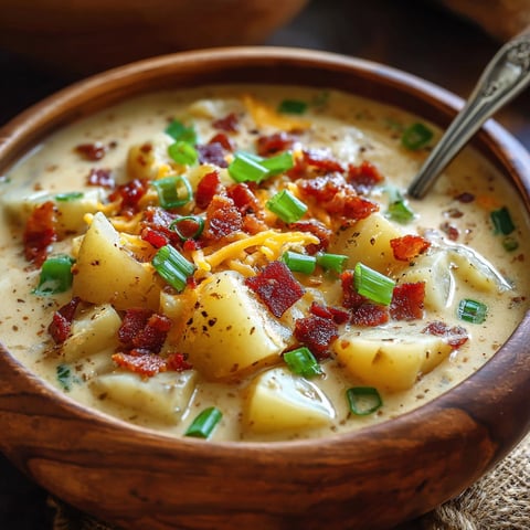 A bowl of soup with bacon and potatoes.
