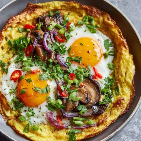 A delicious breakfast dish with eggs, mushrooms, onions, and peppers.