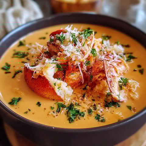 A bowl of lobster bisque with a spoon in it.