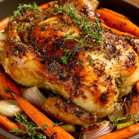 A whole roasted chicken with herbs and vegetables.