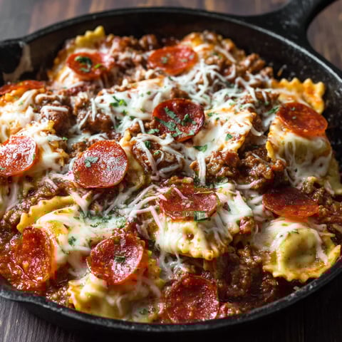 A skillet filled with meat lover's pizza ravioli.