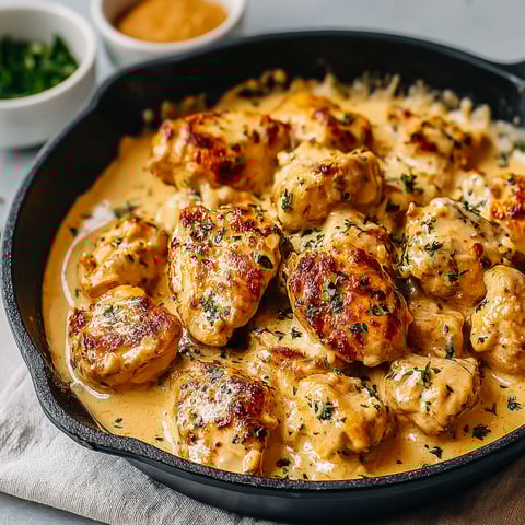 A pan of chicken covered in a creamy garlic sauce.