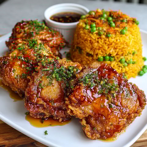 A plate of chicken and rice with peas.