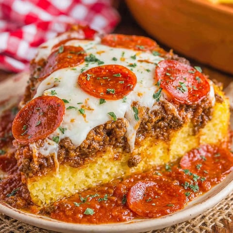 A slice of a keto pizza casserole bake.