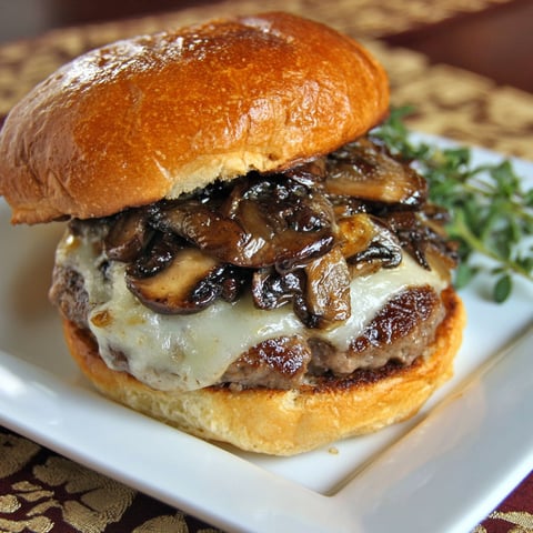 A burger with mushrooms on a bun.