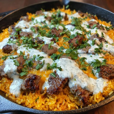 A skillet filled with steak, cheese, and rice.
