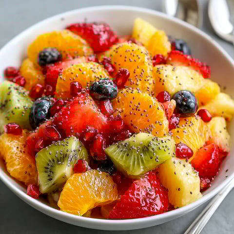 A bowl of fruit salad with oranges, kiwi, strawberries, and blueberries.