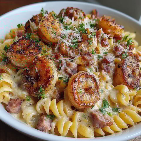 A bowl of pasta with shrimp, sausage, and bacon.