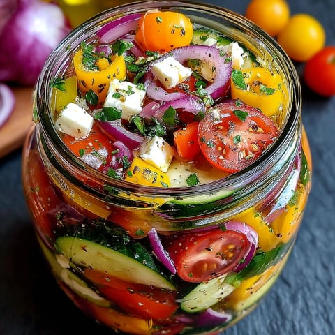 A jar of pickled vegetables with tomatoes, onions, and cucumbers.