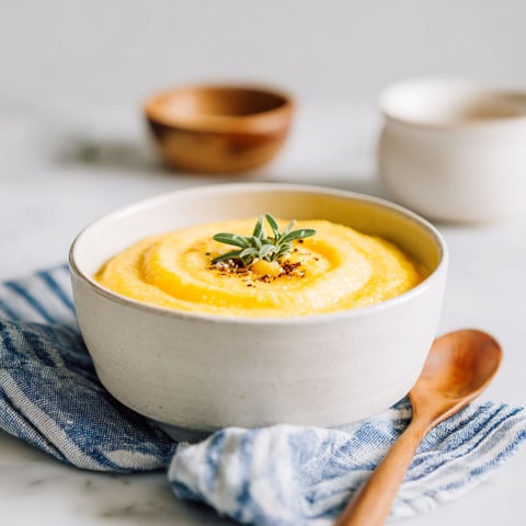 A bowl of creamy polenta with a spoon in it.