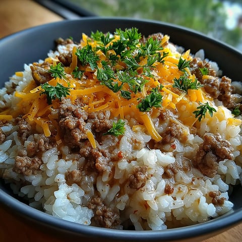 A bowl of rice with beef and cheese.