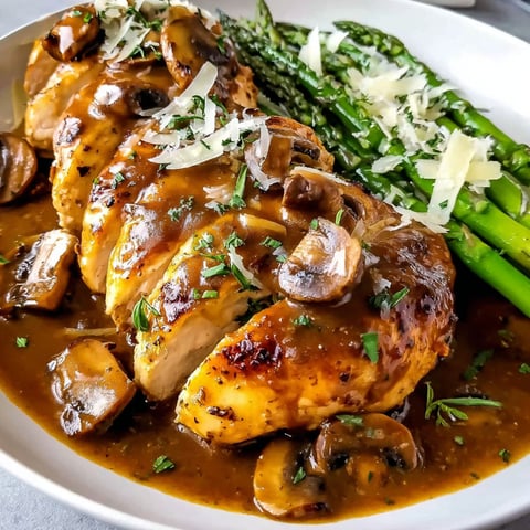 A plate of chicken Madeira with mushrooms.
