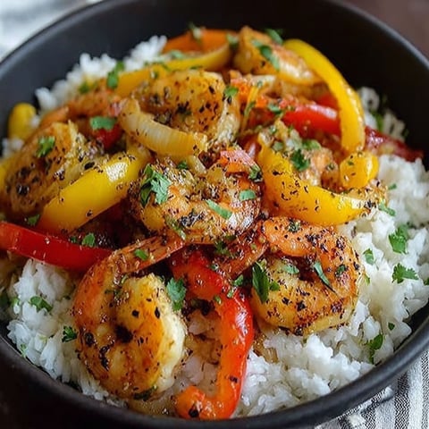 A bowl of shrimp and peppers.