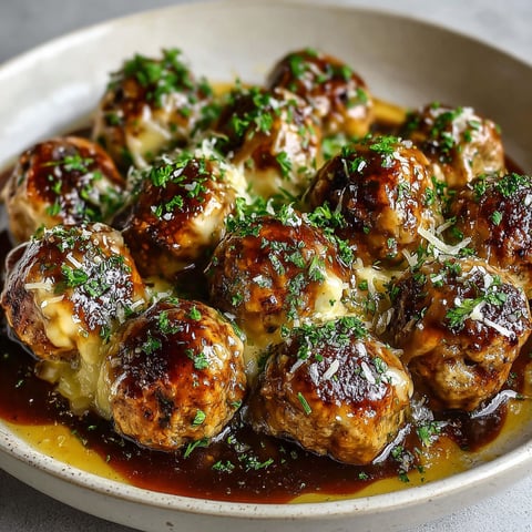A plate of French onion meatballs.