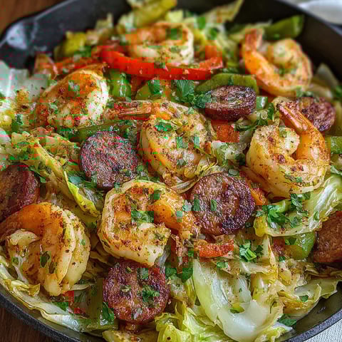 A skillet filled with shrimp, sausage, cabbage and peppers.