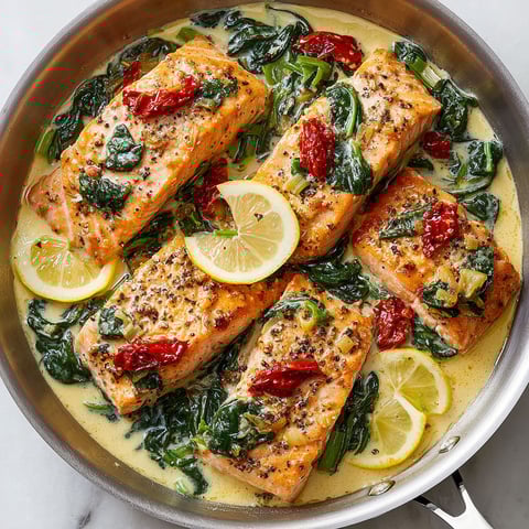 A pan of salmon with a creamy sauce.