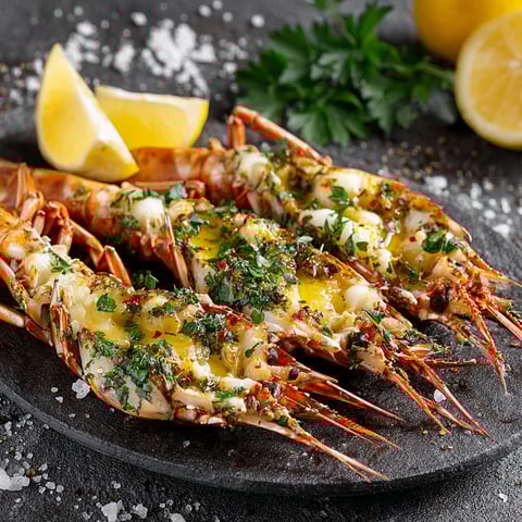 A plate of garlic butter and lemon shrimp.