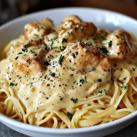 A bowl of food with chicken and cream sauce.